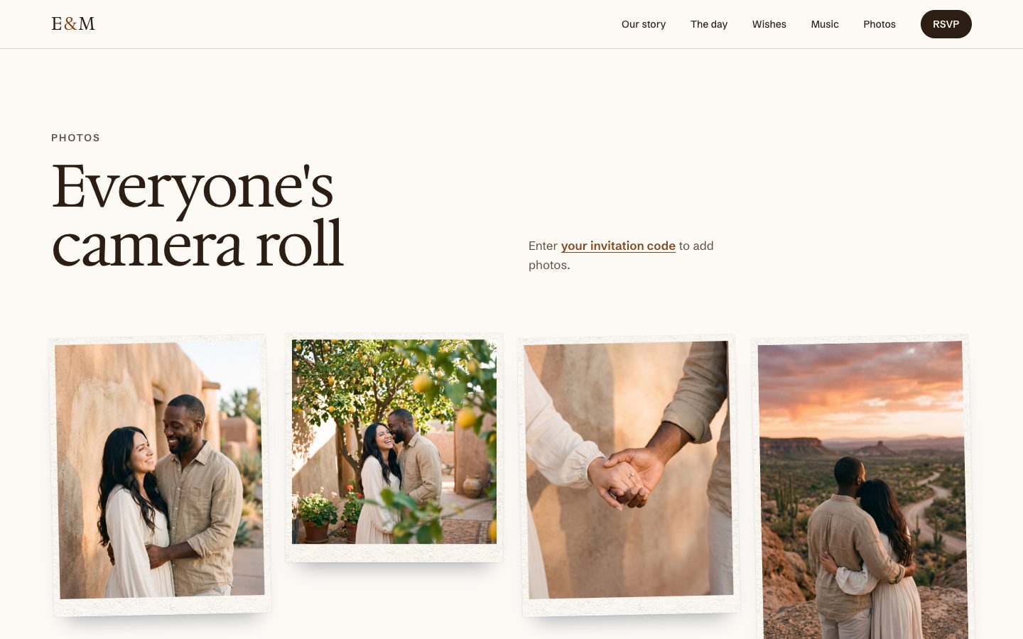 A wall of a couple's photographs on their wedding website